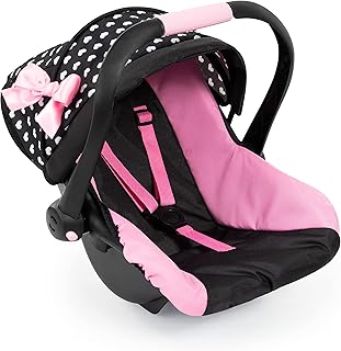 Bayer Design Doll Car Seat, Deluxe Baby Carrier for Dolls up to 18 in, Pink | Adjustable sun canopy and ergonomic handle, rocks dolls to sleep, stylish hearts black and pink pretend play accessory