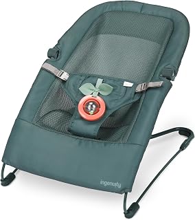 Ingenuity Stow & Go Compact Folding Baby Bouncer, Lightweight Portable Seat with Vibration, Green, Under 5 lbs